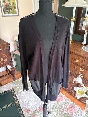 Black XL Women's Open-Front Cardigan with Faux Leather Pockets